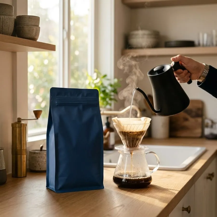 Die Kaffeetüte in einer Küche, daneben wird Filterkaffee aufgegossen